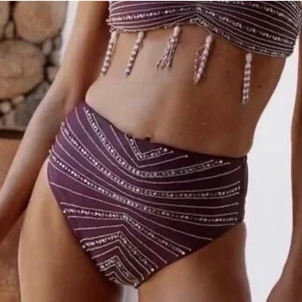 New Oceanus Lara Crystals Beaded Bikini Swim Bottoms Free People Plum Large